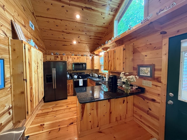 100 Bryant Farm Rd, Murphy, NC 28906 - kitchen with black appliances, wood ceiling, a peninsula, light wood-style floors, and wooden walls