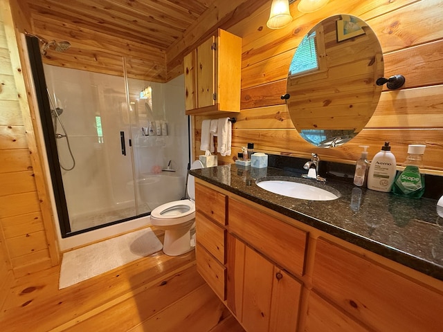 100 Bryant Farm Rd, Murphy, NC 28906 - full bathroom featuring wooden walls, a stall shower, vanity, wood ceiling, and wood finished floors