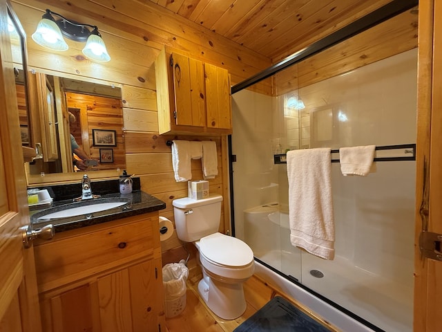 100 Bryant Farm Rd, Murphy, NC 28906 - bathroom with wooden walls, a stall shower, vanity, wood finished floors, and wood ceiling