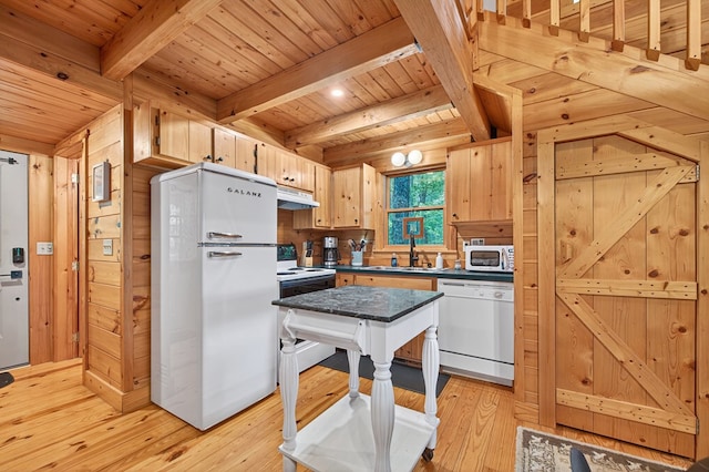 305 Kimbolton Dr, Morganton, GA 30560 - kitchen featuring white appliances, a wooden ceiling with exposed beams, dark countertops, light wood-style flooring, and under cabinet range hood