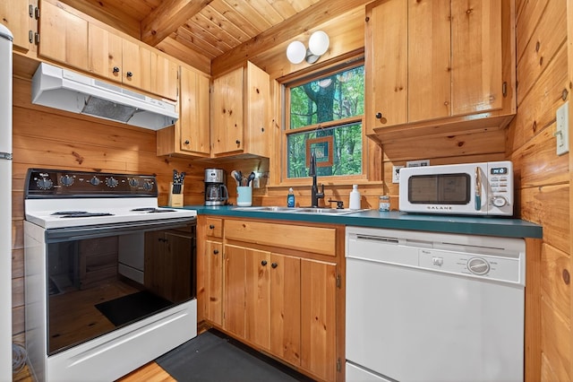 305 Kimbolton Dr, Morganton, GA 30560 - kitchen with white appliances, under cabinet range hood, a wooden ceiling with exposed beams, wooden walls, and dark countertops
