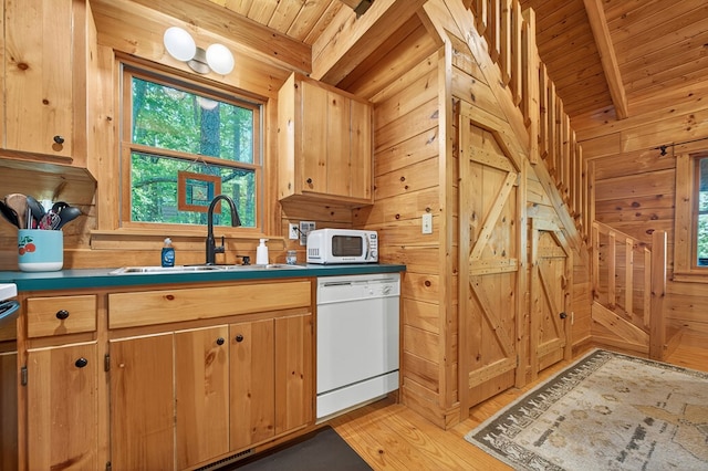 305 Kimbolton Dr, Morganton, GA 30560 - kitchen featuring white appliances, plenty of natural light, a wood ceiling with exposed beams, wooden walls, and light wood finished floors