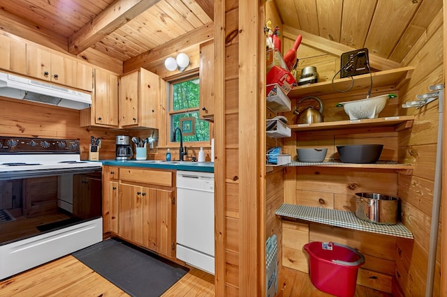 305 Kimbolton Dr, Morganton, GA 30560 - kitchen with white appliances, under cabinet range hood, a wood ceiling with exposed beams, wood finished floors, and wood walls
