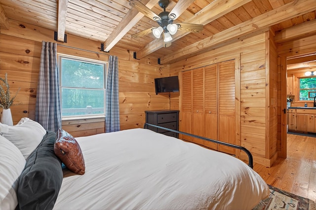 305 Kimbolton Dr, Morganton, GA 30560 - bedroom featuring a wooden ceiling with exposed beams, wooden walls, wood finished floors, a closet, and a ceiling fan