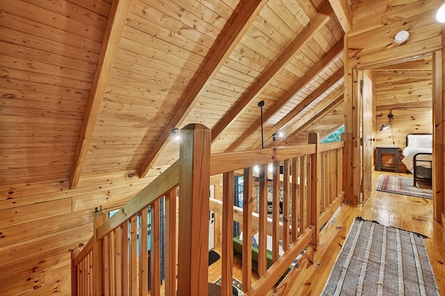 305 Kimbolton Dr, Morganton, GA 30560 - hallway featuring wooden ceiling, wooden walls, an upstairs landing, and light wood-style flooring