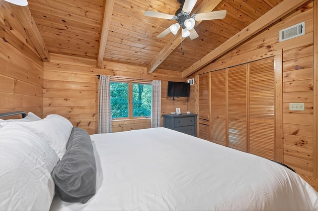 305 Kimbolton Dr, Morganton, GA 30560 - bedroom with wood ceiling, wooden walls, ceiling fan, and a closet