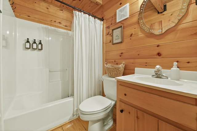 305 Kimbolton Dr, Morganton, GA 30560 - full bathroom with vanity, shower / bath combination with curtain, wood finished floors, and wood walls