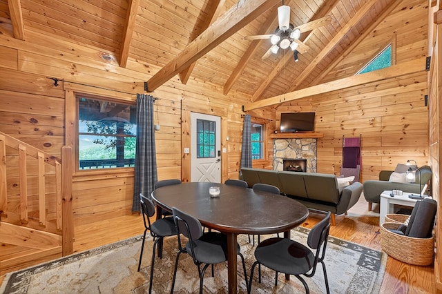 305 Kimbolton Dr, Morganton, GA 30560 - dining room featuring wooden walls, wood finished floors, a wooden ceiling with exposed beams, a stone fireplace, and high vaulted ceiling