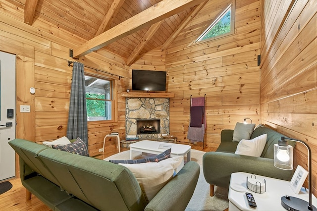305 Kimbolton Dr, Morganton, GA 30560 - living area with a wood ceiling with exposed beams, wood walls, wood finished floors, a fireplace, and high vaulted ceiling