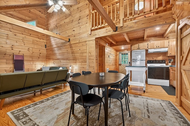 305 Kimbolton Dr, Morganton, GA 30560 - dining room with wood walls, light wood-type flooring, a wooden ceiling with exposed beams, and ceiling fan