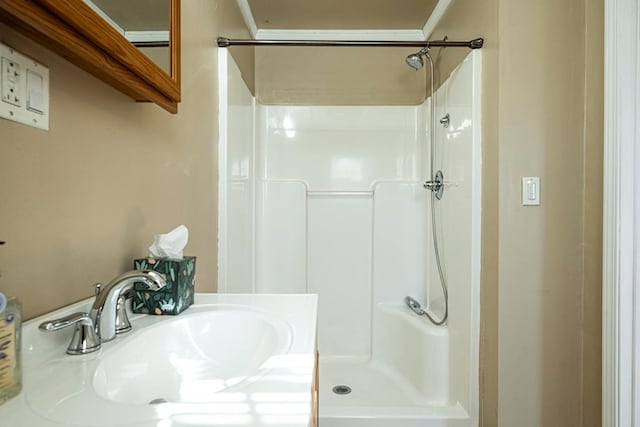 bathroom with a shower and vanity