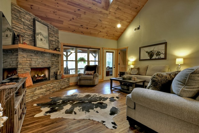 36 Rustic Barn Trl, Morganton, GA 30560 - living area with high vaulted ceiling, a stone fireplace, wood finished floors, and wood ceiling