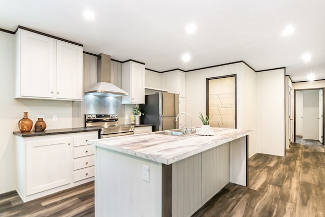 251 Ebenezer Rd, Ellijay, GA 30536 - kitchen with recessed lighting, a sink, dark wood-type flooring, wall chimney range hood, and appliances with stainless steel finishes