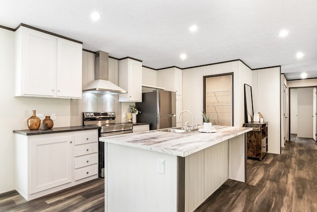 251 Ebenezer Rd, Ellijay, GA 30536 - kitchen with recessed lighting, dark wood finished floors, a sink, wall chimney exhaust hood, and appliances with stainless steel finishes