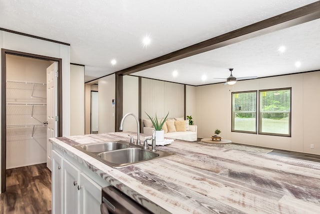 251 Ebenezer Rd, Ellijay, GA 30536 - kitchen with dark wood-style flooring, ceiling fan, a sink, light countertops, and white cabinets