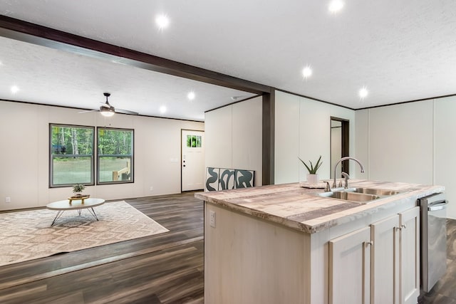 251 Ebenezer Rd, Ellijay, GA 30536 - kitchen featuring dark wood-style flooring, ceiling fan, a sink, light countertops, and a kitchen island with sink