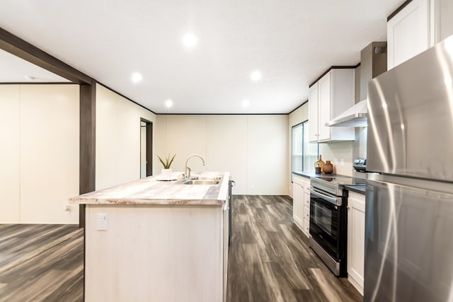 251 Ebenezer Rd, Ellijay, GA 30536 - kitchen with a sink, a kitchen island with sink, white cabinetry, dark wood-style floors, and appliances with stainless steel finishes