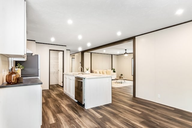 251 Ebenezer Rd, Ellijay, GA 30536 - kitchen featuring a kitchen island with sink, white cabinetry, dark wood-style flooring, appliances with stainless steel finishes, and recessed lighting