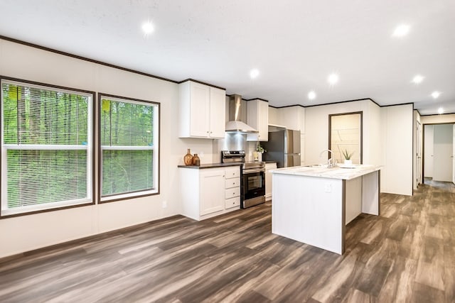 251 Ebenezer Rd, Ellijay, GA 30536 - kitchen featuring wall chimney range hood, recessed lighting, appliances with stainless steel finishes, and dark wood-type flooring