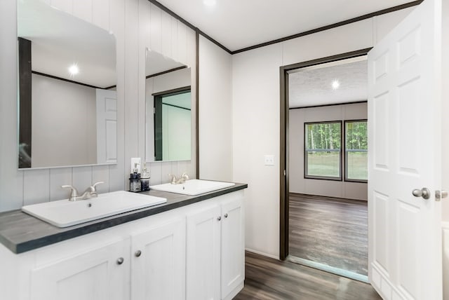 251 Ebenezer Rd, Ellijay, GA 30536 - bathroom with a sink, double vanity, ornamental molding, and wood finished floors