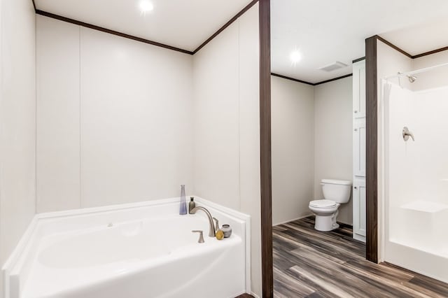 251 Ebenezer Rd, Ellijay, GA 30536 - full bath featuring toilet, walk in shower, a bath, crown molding, and wood finished floors