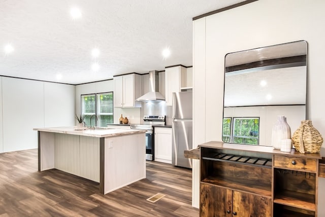 251 Ebenezer Rd, Ellijay, GA 30536 - kitchen with wall chimney range hood, appliances with stainless steel finishes, a sink, and dark wood-type flooring