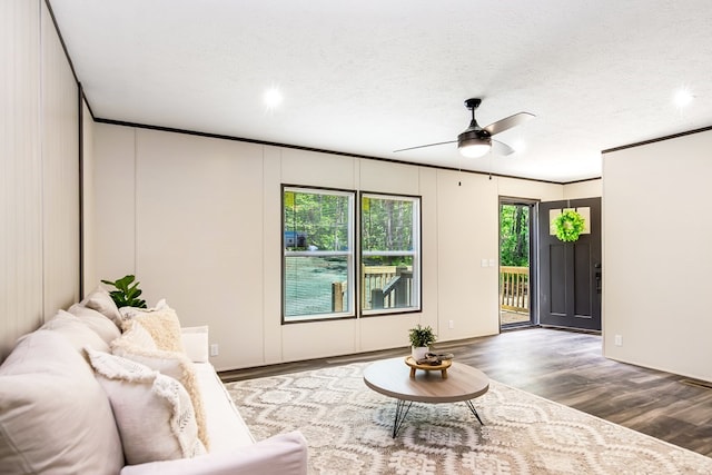 251 Ebenezer Rd, Ellijay, GA 30536 - living room featuring a ceiling fan, recessed lighting, a textured ceiling, and wood finished floors