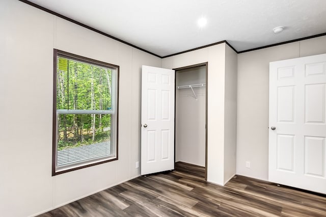 251 Ebenezer Rd, Ellijay, GA 30536 - unfurnished bedroom featuring ornamental molding, dark wood finished floors, and a closet