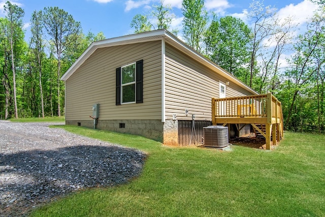 251 Ebenezer Rd, Ellijay, GA 30536 - view of property exterior featuring central AC, a yard, a wooden deck, and crawl space