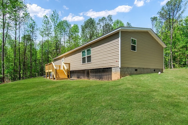 251 Ebenezer Rd, Ellijay, GA 30536 - back of house with a yard, crawl space, a wooden deck, and stairway