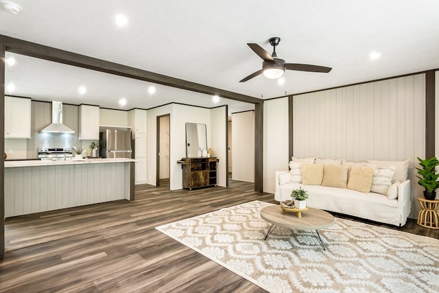 251 Ebenezer Rd, Ellijay, GA 30536 - living room with dark wood finished floors, a ceiling fan, beamed ceiling, and recessed lighting