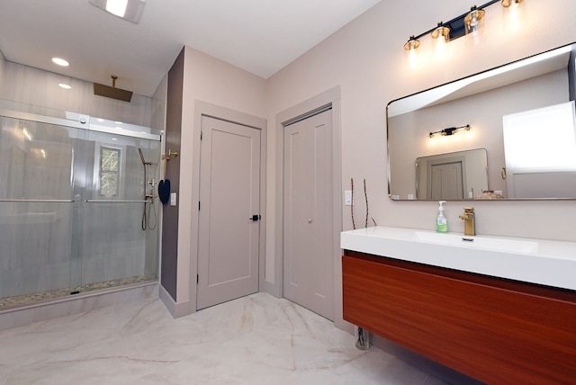 full bath with visible vents, marble finish floor, vanity, a shower stall, and recessed lighting