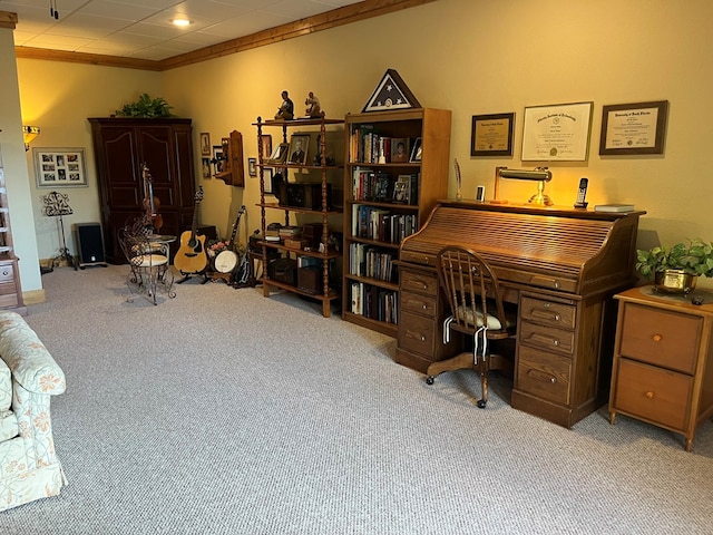 office area featuring light colored carpet