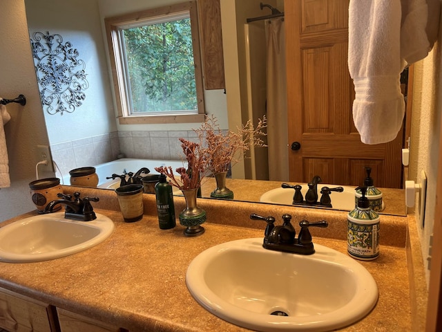 bathroom with vanity and plus walk in shower