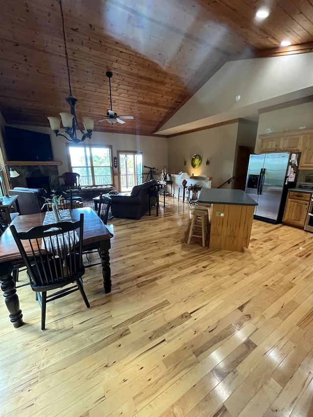 dining space featuring light hardwood / wood-style flooring, high vaulted ceiling, wooden ceiling, and ceiling fan with notable chandelier