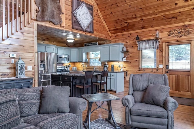 living area with wood walls, wood ceiling, and a healthy amount of sunlight