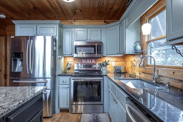 kitchen with tasteful backsplash, dark stone counters, wooden ceiling, stainless steel appliances, and a sink