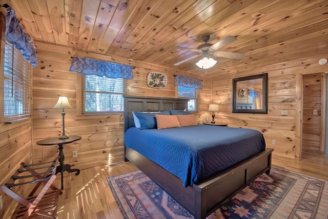 bedroom with wood ceiling, wooden walls, and wood finished floors