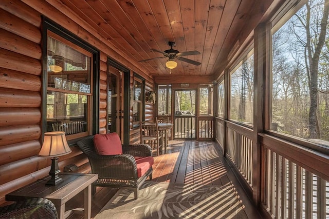 sunroom / solarium featuring ceiling fan and wood ceiling