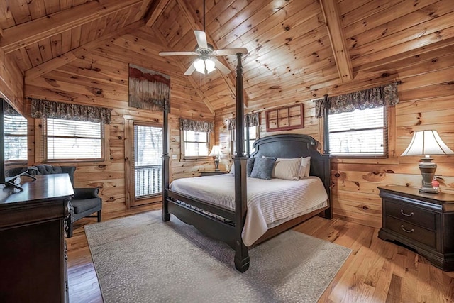 bedroom featuring light wood finished floors, wood walls, and wood ceiling