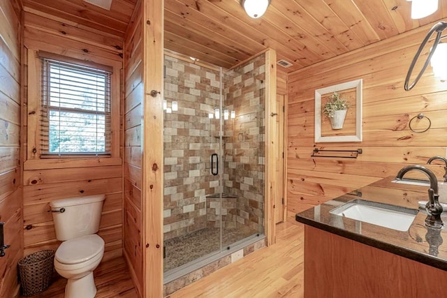 full bath featuring toilet, wood ceiling, vanity, wood walls, and a shower stall