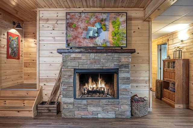 room details with an outdoor stone fireplace, wooden walls, and wood finished floors