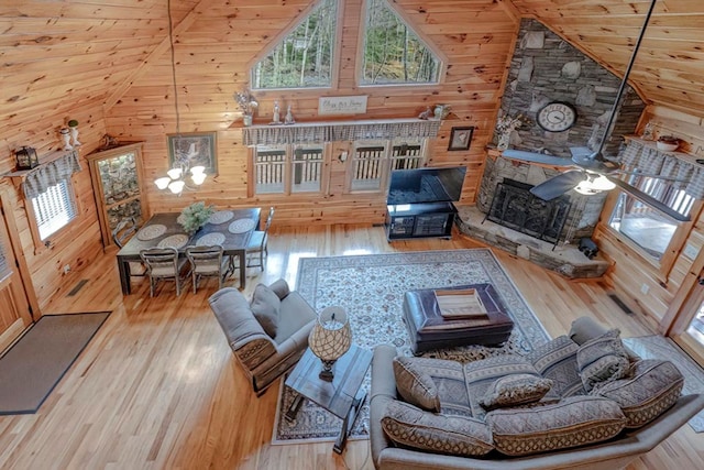 living room with wooden ceiling and wooden walls