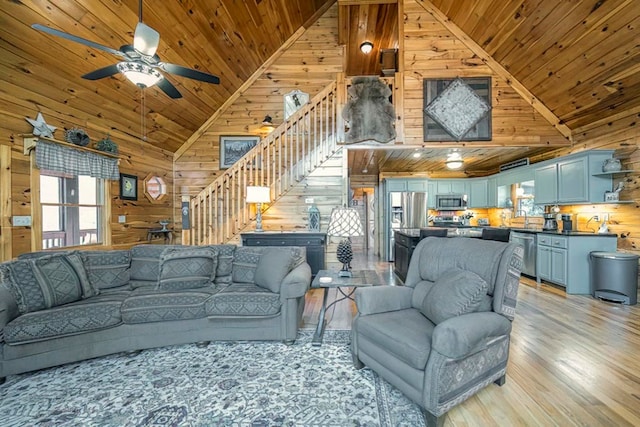 living area with wooden ceiling, stairs, and wooden walls