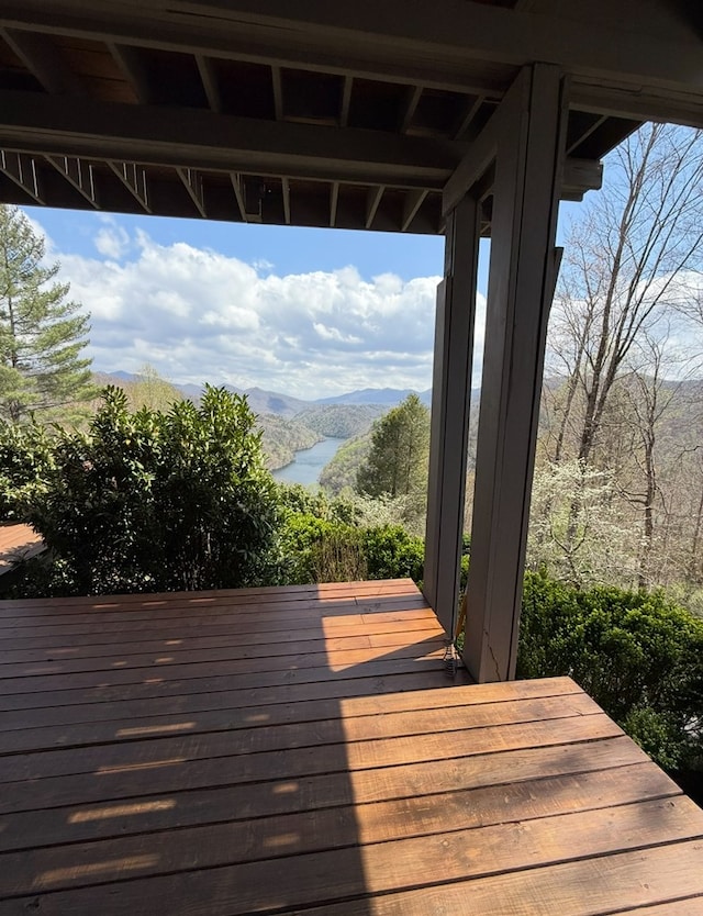 369 Deals Gap Rd, Robbinsville, NC 28771 - wooden terrace featuring a mountain view