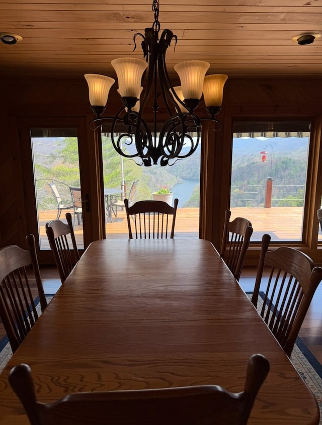369 Deals Gap Rd, Robbinsville, NC 28771 - dining room with an inviting chandelier and wood ceiling