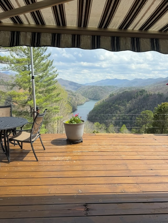369 Deals Gap Rd, Robbinsville, NC 28771 - wooden terrace with a view of trees and a water and mountain view