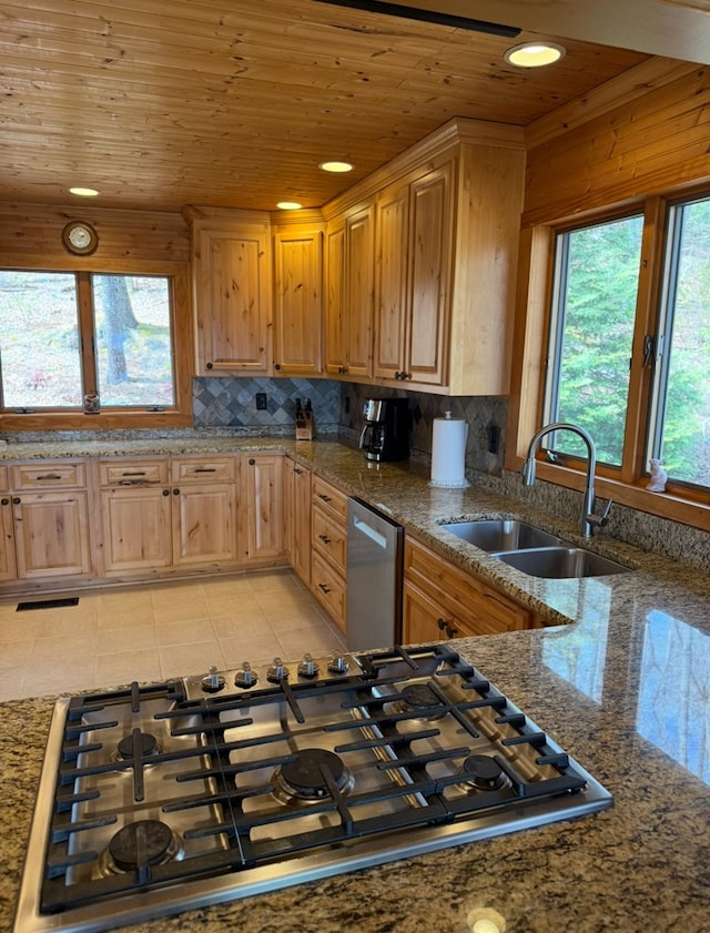 369 Deals Gap Rd, Robbinsville, NC 28771 - kitchen featuring a sink, decorative backsplash, wooden ceiling, and stainless steel appliances