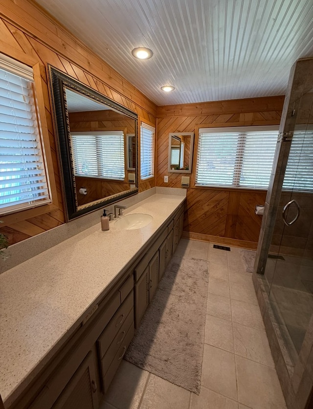 369 Deals Gap Rd, Robbinsville, NC 28771 - bathroom with tile patterned floors, wooden walls, wood ceiling, and a stall shower