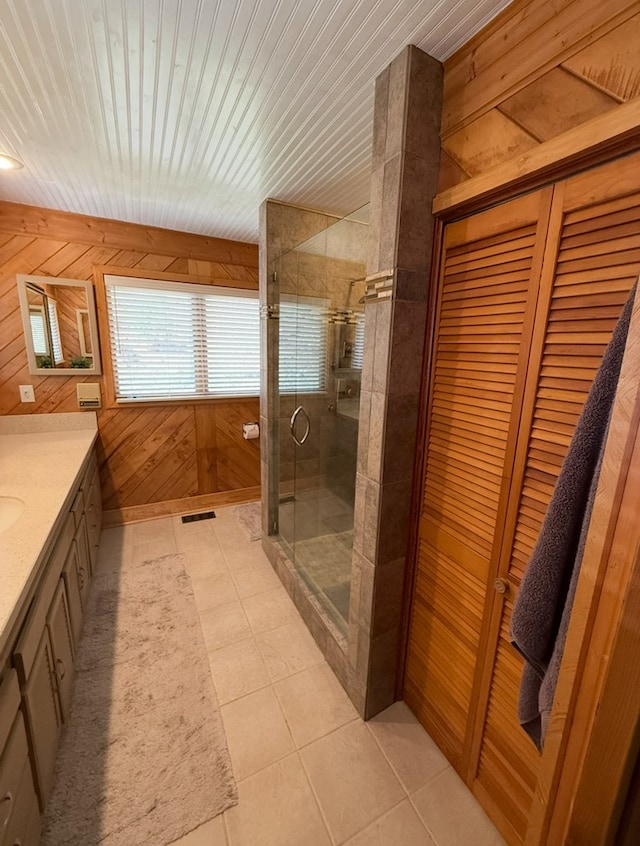 369 Deals Gap Rd, Robbinsville, NC 28771 - bathroom with visible vents, wooden ceiling, wooden walls, vanity, and a stall shower